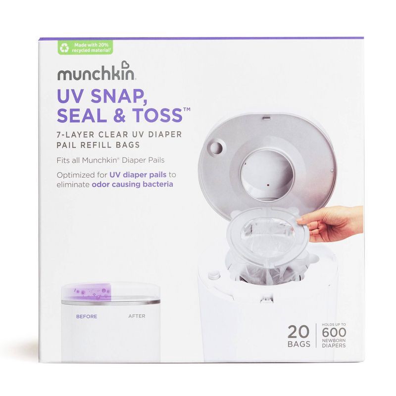 slide 1 of 9, Munchkin UV Snap, Seal & Toss Diaper Pail Refill Bags - 20pk, 20 ct