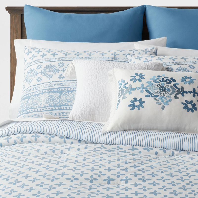 slide 1 of 9, 8pc King Block Print with Border Comforter Bedding Set Light Blue - Threshold™: Cotton Blend, Quilted, OEKO-TEX Certified, 8 ct