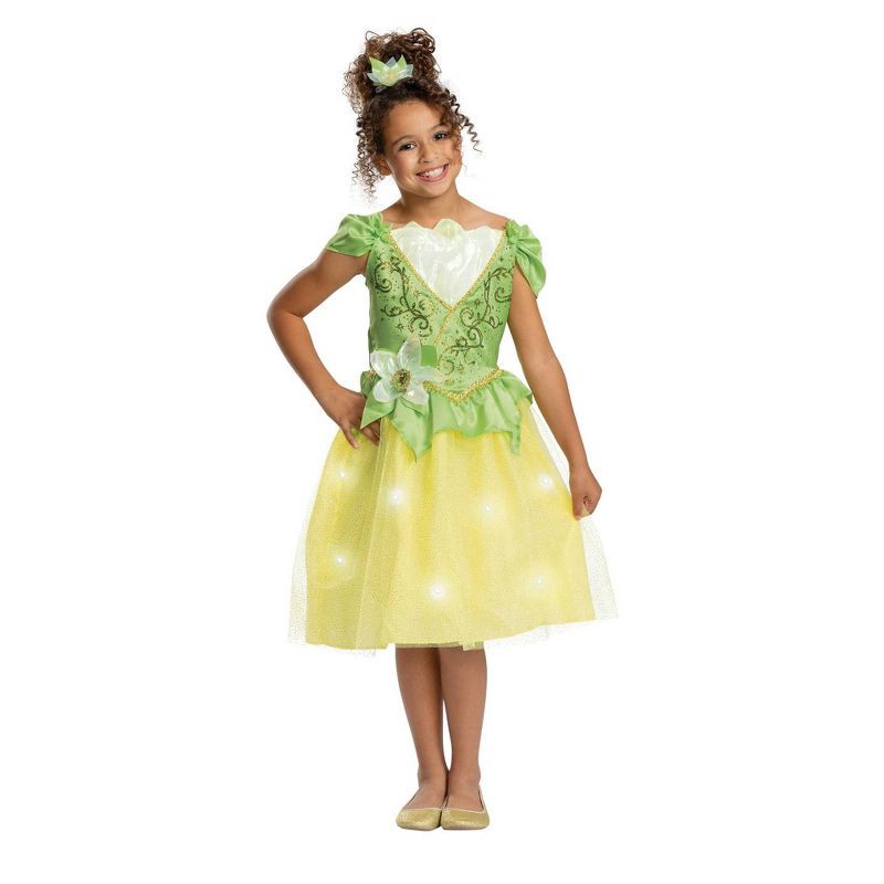 slide 1 of 3, Kids' Disney Princess Tiana Deluxe Light Up Halloween Costume Dress with Headpiece XS (3-4T), 1 ct