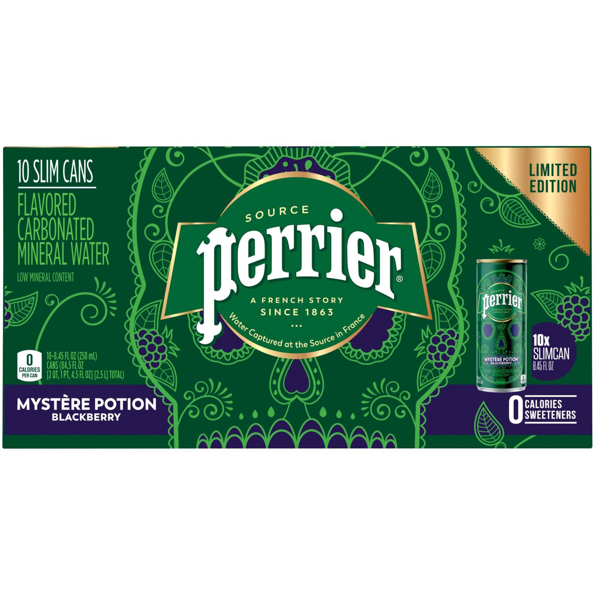 slide 1 of 3, Perrier Mystery Potion Blackberry Flavored Carbonated Mineral Water, 10 ct, 8.45 fl oz