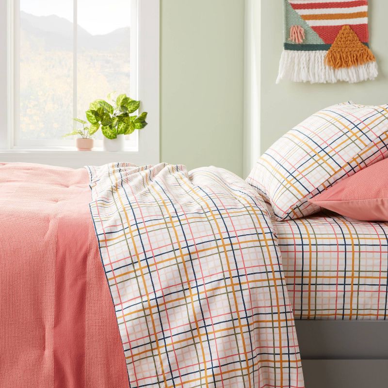 slide 2 of 4, Twin Plaid Print Cotton Kids' Sheet Set - Pillowfort™: Percale, OEKO-TEX Certified, 3-Piece Bedding for Kids, 1 ct