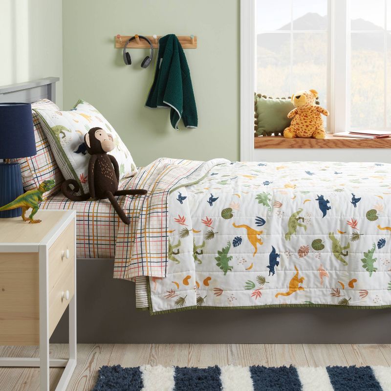 slide 2 of 3, Full/Queen Dinosaur Reversible Kids' Quilt - Pillowfort™: Boys Bedding, Lightweight, OEKO-TEX Certified, 1 ct