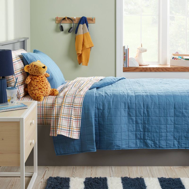 slide 2 of 3, Full/Queen Box Stitch Microfiber Kids' Quilt Blue - Pillowfort™, 1 ct
