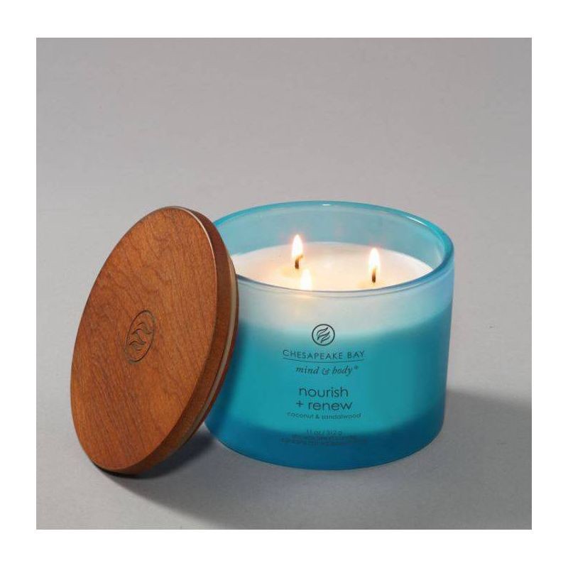 slide 2 of 7, 3-Wick Frosted Glass Nourish + Renew Lidded Jar Candle Light Blue 11oz - Mind & Body by Chesapeake Bay Candle: Soy Wax, Essential Oils, 11 oz