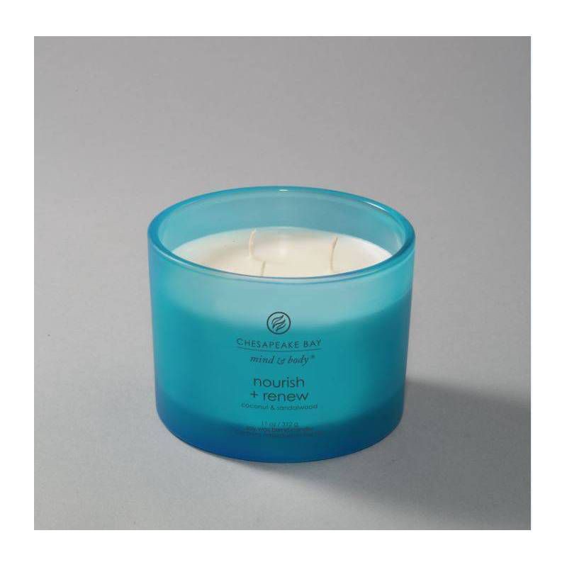 slide 3 of 7, 3-Wick Frosted Glass Nourish + Renew Lidded Jar Candle Light Blue 11oz - Mind & Body by Chesapeake Bay Candle: Soy Wax, Essential Oils, 11 oz