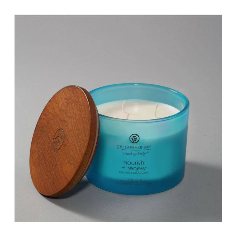 slide 4 of 7, 3-Wick Frosted Glass Nourish + Renew Lidded Jar Candle Light Blue 11oz - Mind & Body by Chesapeake Bay Candle: Soy Wax, Essential Oils, 11 oz