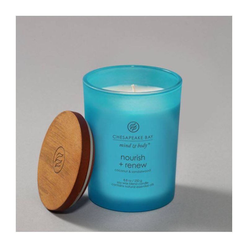 slide 2 of 6, Frosted Glass Nourish + Renew Lidded Jar Candle Light Blue 8.8oz - Mind & Body by Chesapeake Bay Candle: Soy Wax Blend, Essential Oils, 8.8 oz