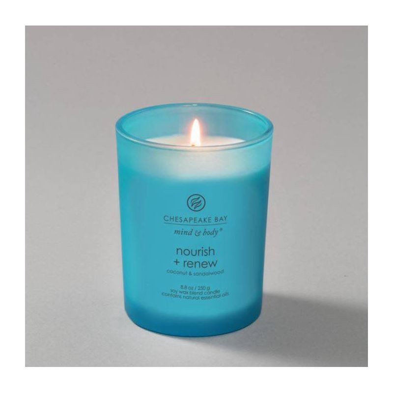 slide 3 of 6, Frosted Glass Nourish + Renew Lidded Jar Candle Light Blue 8.8oz - Mind & Body by Chesapeake Bay Candle: Soy Wax Blend, Essential Oils, 8.8 oz