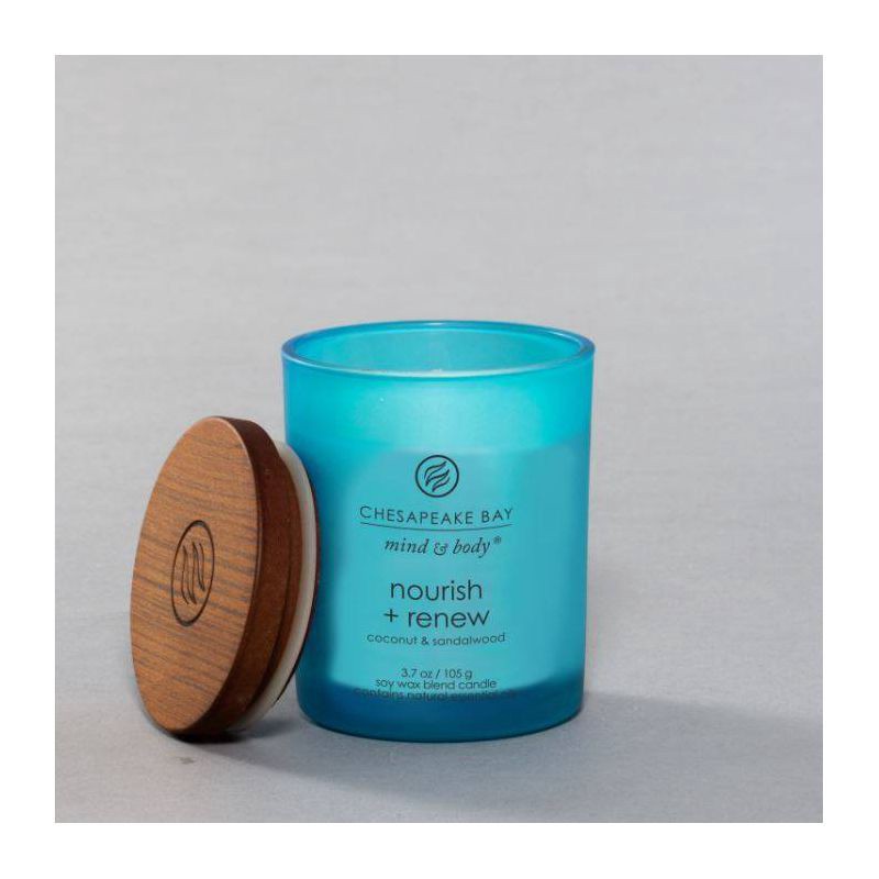 slide 3 of 6, Frosted Glass Nourish + Renew Lidded Jar Candle Light Blue 3.7oz - Mind & Body by Chesapeake Bay Candle: Soy Wax Blend with Essential Oils, 3.7 oz