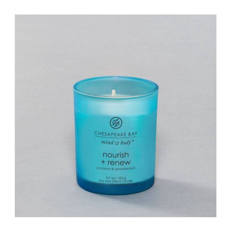 slide 4 of 6, Frosted Glass Nourish + Renew Lidded Jar Candle Light Blue 3.7oz - Mind & Body by Chesapeake Bay Candle: Soy Wax Blend with Essential Oils, 3.7 oz