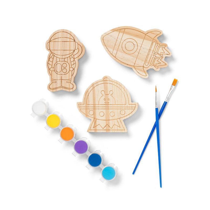 slide 2 of 4, 3pk Paint-Your-Own Wood Space Set - Mondo Llama™: Kids Craft Kit with Acrylic Paints & Brushes, Outer Space Theme, 3 ct