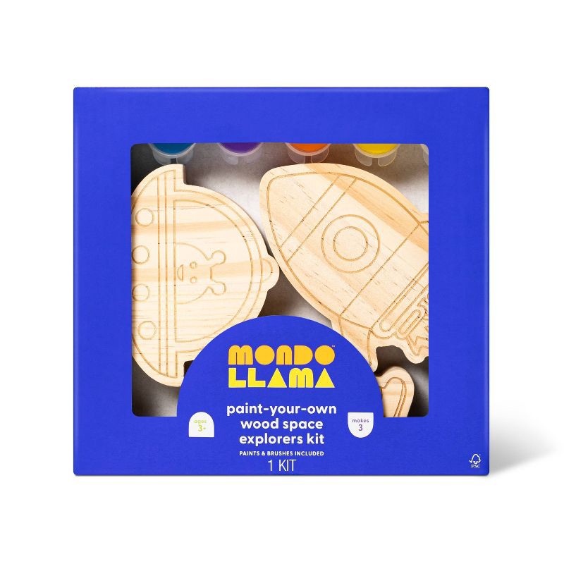 slide 1 of 4, 3pk Paint-Your-Own Wood Space Set - Mondo Llama™: Kids Craft Kit with Acrylic Paints & Brushes, Outer Space Theme, 3 ct