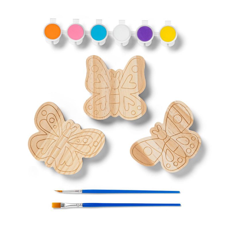slide 2 of 4, 3pk Paint-Your-Own Wood Butterfly Set - Mondo Llama™: Kids Craft Kit with Acrylic Paints & Brushes, Non-Toxic, 3 ct