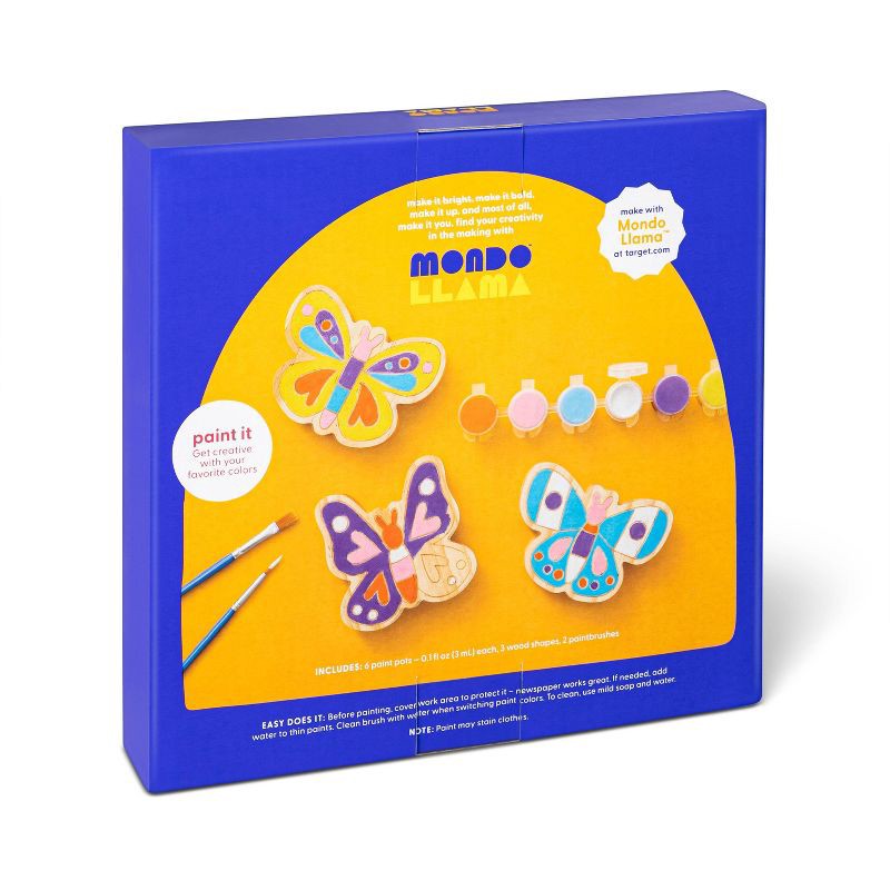 slide 3 of 4, 3pk Paint-Your-Own Wood Butterfly Set - Mondo Llama™: Kids Craft Kit with Acrylic Paints & Brushes, Non-Toxic, 3 ct