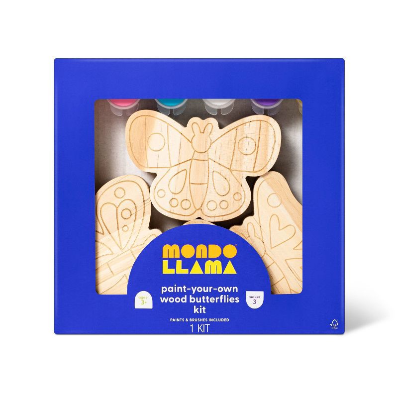 slide 1 of 4, 3pk Paint-Your-Own Wood Butterfly Set - Mondo Llama™: Kids Craft Kit with Acrylic Paints & Brushes, Non-Toxic, 3 ct
