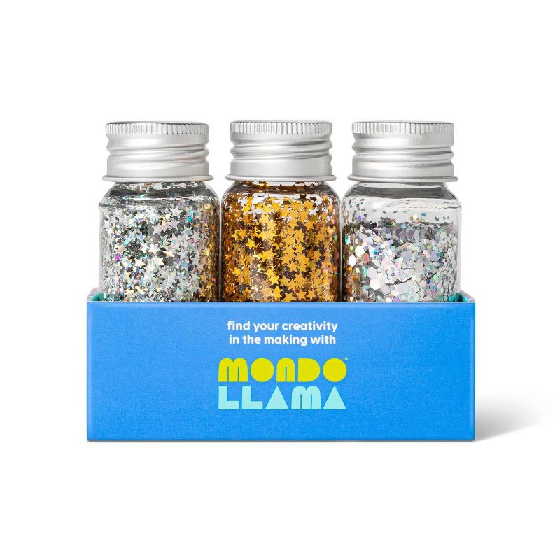 slide 1 of 3, 3pk Specialty Glitter Silvers and Golds - Mondo Llama™: Craft Embellishments, Metallic Silver & Gold, PET Material, Ages 6+, 3 ct