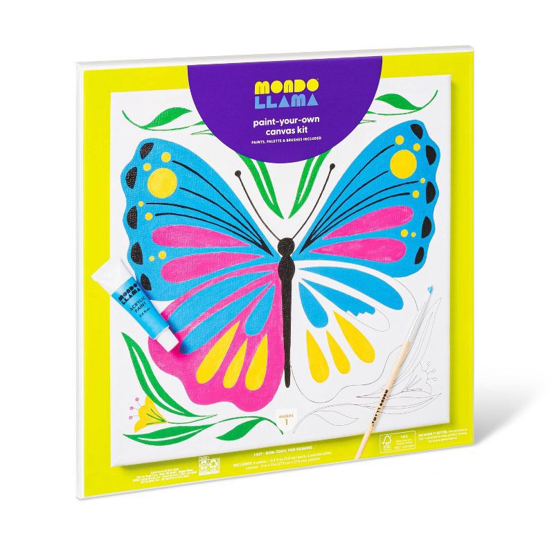 slide 1 of 4, 11''x11" Paint-Your-Own Canvas Craft Kit Butterfly - Mondo Llama™: DIY Art Kit with Paint, Tray, Brushes, Canvas Boards, 1 ct