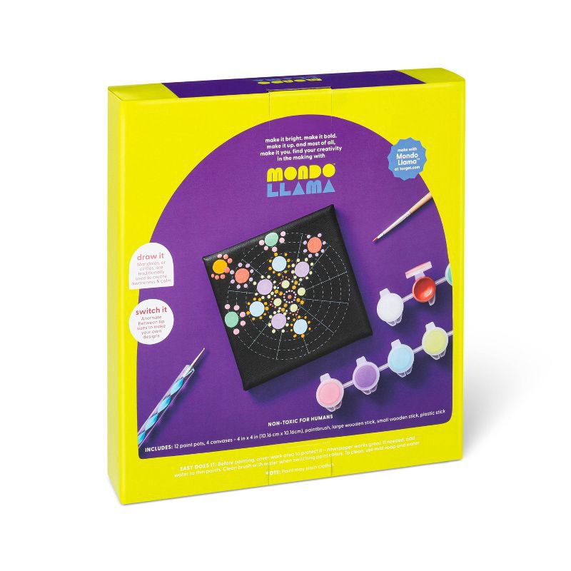 slide 3 of 4, 4'' x 4'' 4pk Paint-Your-Own Canvas Kit Mandalas - Mondo Llama™: DIY Art Kit with Brush & Paint for Ages 6+, 4 ct