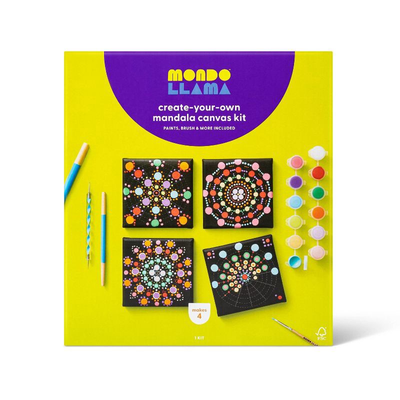 slide 1 of 4, 4'' x 4'' 4pk Paint-Your-Own Canvas Kit Mandalas - Mondo Llama™: DIY Art Kit with Brush & Paint for Ages 6+, 4 ct