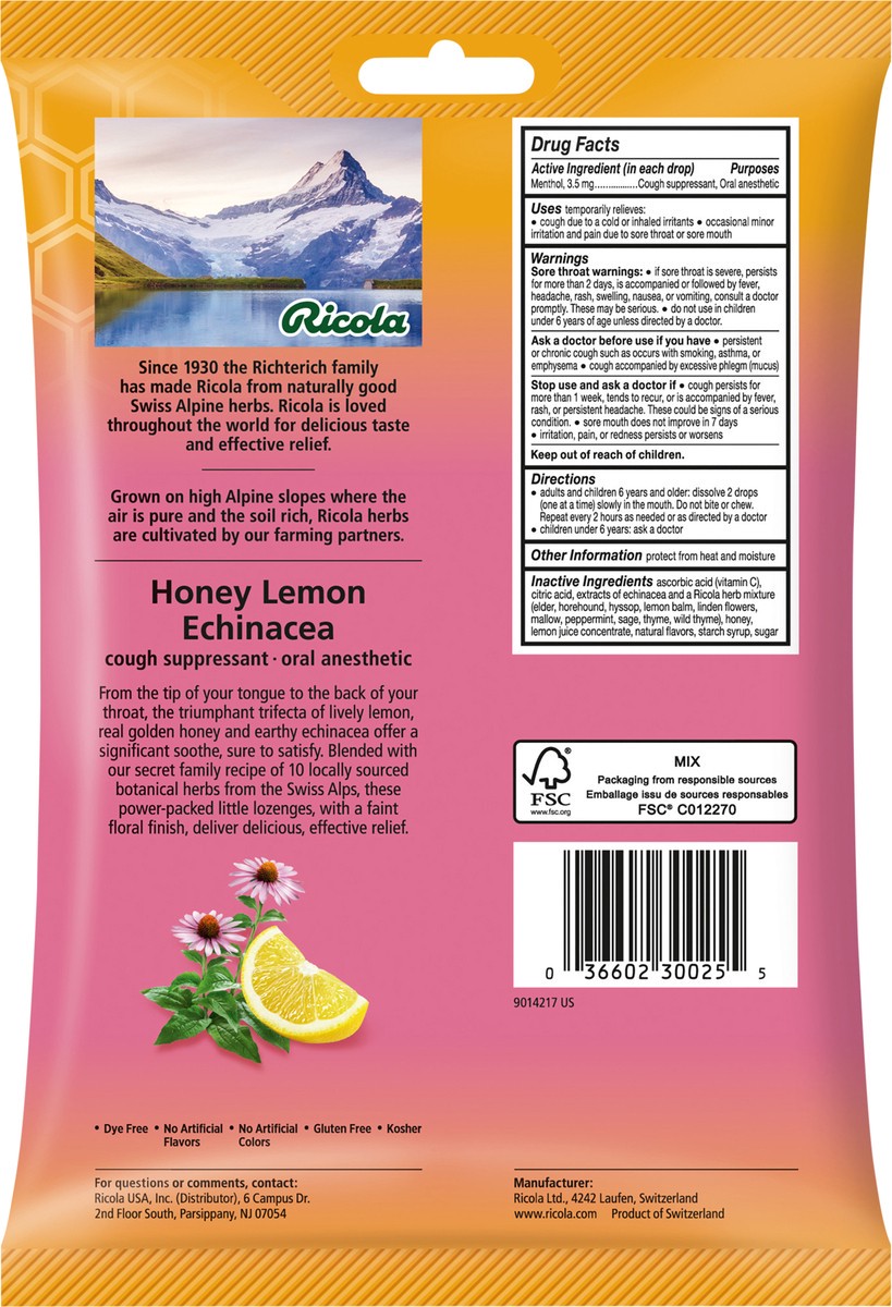 slide 2 of 3, Ricola Honey Lemon with Echinacea Cough Drops, 45 Count, 45 ct
