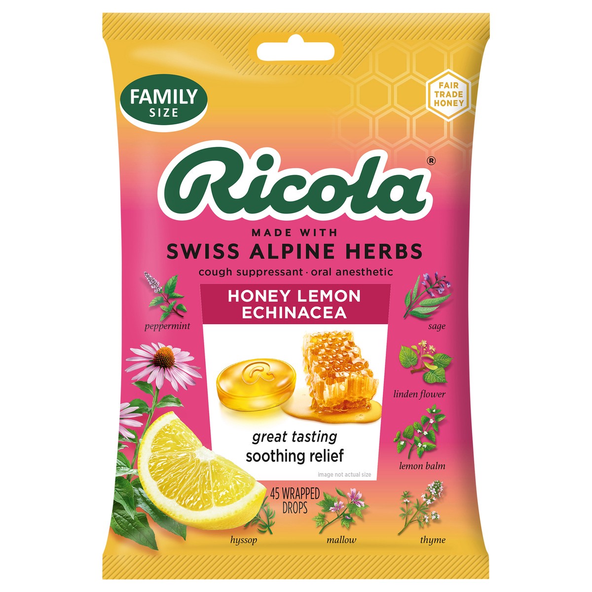 slide 1 of 3, Ricola Honey Lemon with Echinacea Cough Drops - Throat Relief & Cough Suppressant, 45 Count, 44 ct