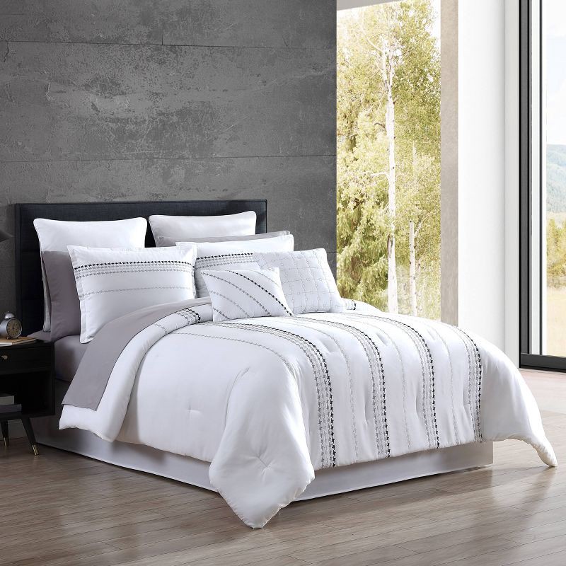 slide 2 of 7, Hallmart Collectibles 12pc Queen Delphi Embroidered Stripe Comforter & Sheets Bedding Set - White/Gray, 12 ct