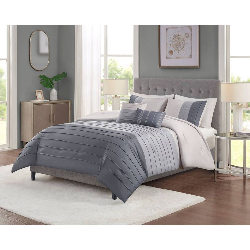 slide 1 of 4, 5pc King Boston Pleated Colorblock Comforter Bedding Set - Gray: Woven Polyester, OEKO-TEX Certified, 5 ct