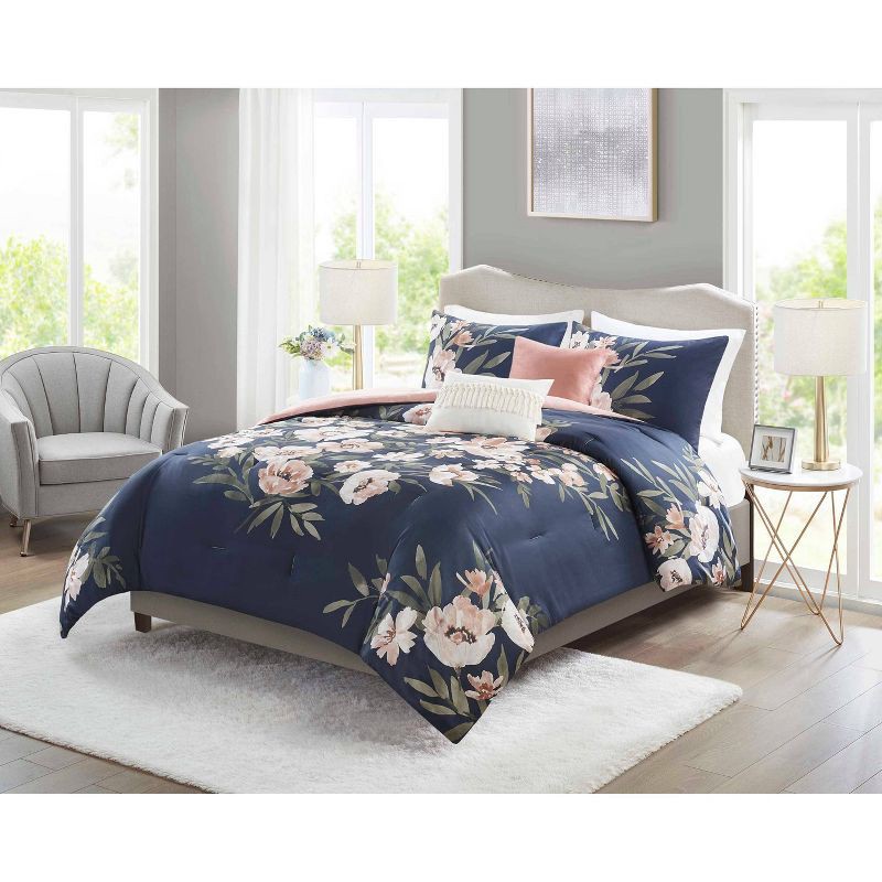 slide 1 of 4, 5pc King Leilani Floral Print Comforter Bedding Set - Navy/Blush: Includes Decorative Pillows, OEKO-TEX Certified, 5 ct