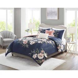 5pc Full/Queen Leilani Floral Print Comforter Bedding Set - Navy/Blush: Woven Polyester, OEKO-TEX Certified, Includes Decorative Pillows