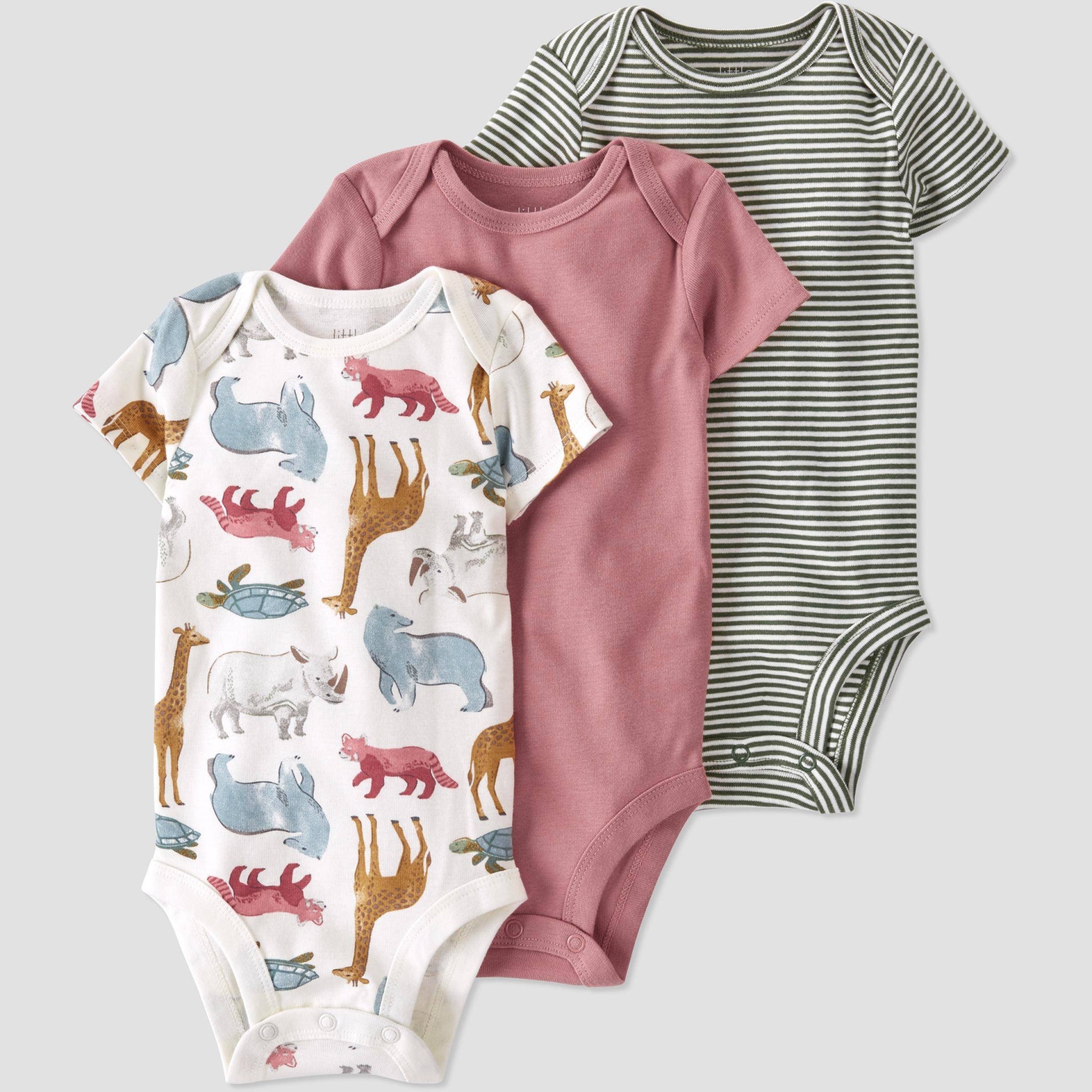 slide 1 of 4, Baby 3pk Organic Cotton Endangered Animals Bodysuit - little planet by carter's Green/Pink 3M, 1 ct