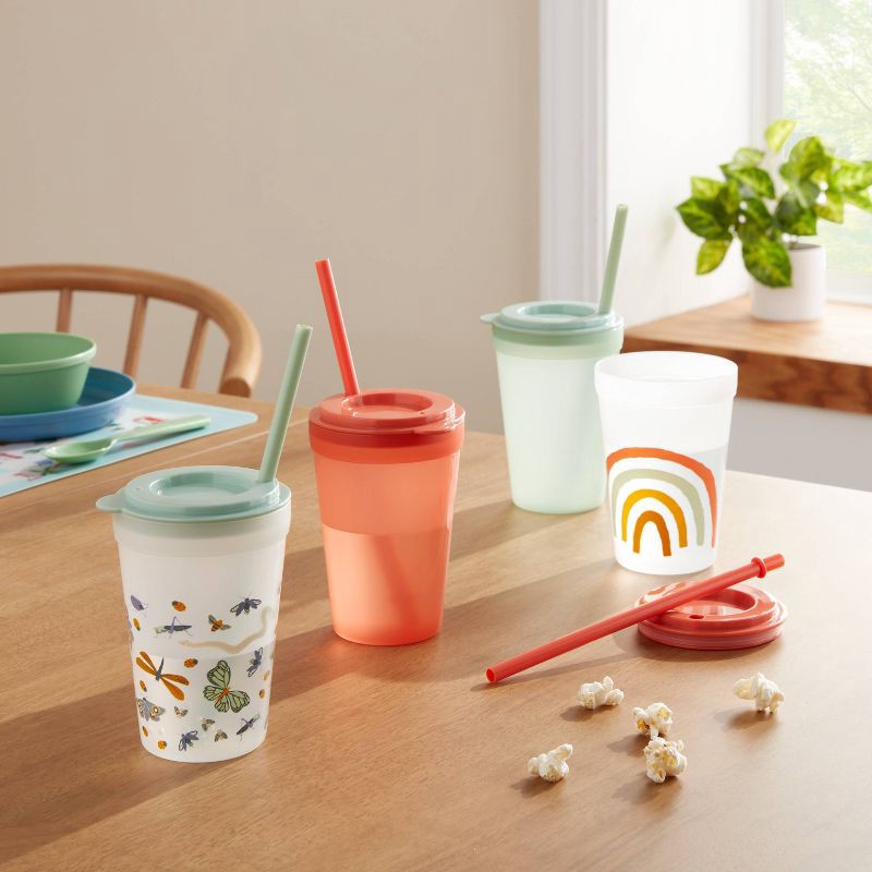 slide 2 of 4, 18pc Plastic Kids' Drinkware Set Coral/Green - Pillowfort™: Stackable Cups & Straws, Dishwasher & Microwave Safe, 18 ct