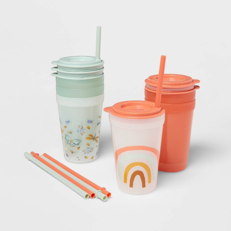 slide 1 of 4, 18pc Plastic Kids' Drinkware Set Coral/Green - Pillowfort™: Stackable Cups & Straws, Dishwasher & Microwave Safe, 18 ct