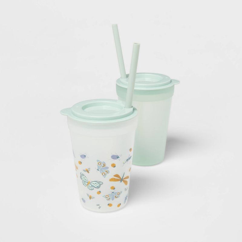 slide 3 of 4, 18pc Plastic Kids' Drinkware Set Coral/Green - Pillowfort™: Stackable Cups & Straws, Dishwasher & Microwave Safe, 18 ct