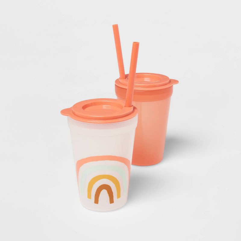 slide 4 of 4, 18pc Plastic Kids' Drinkware Set Coral/Green - Pillowfort™: Stackable Cups & Straws, Dishwasher & Microwave Safe, 18 ct