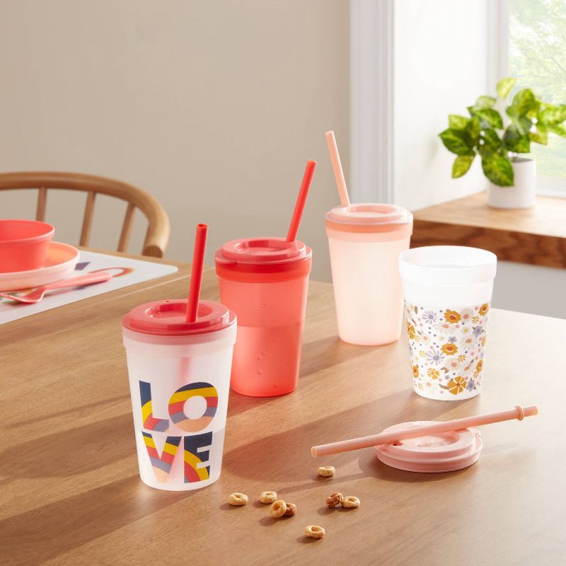 slide 2 of 4, 18pc Plastic Kids' Drinkware Set Peach/Melon - Pillowfort™: Stackable, Dishwasher & Microwave Safe Cups, 18 ct