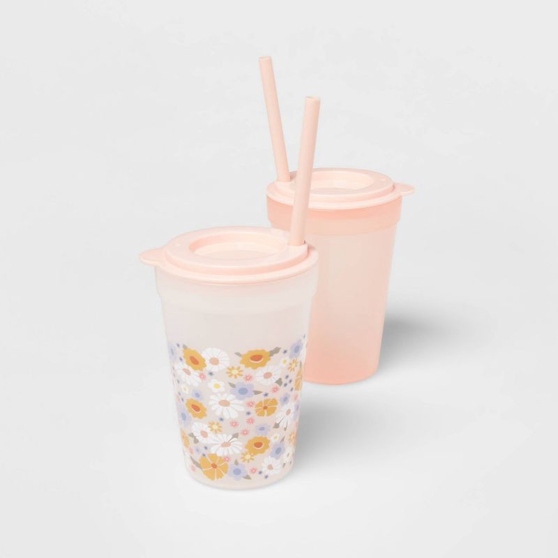 slide 3 of 4, 18pc Plastic Kids' Drinkware Set Peach/Melon - Pillowfort™: Stackable, Dishwasher & Microwave Safe Cups, 18 ct