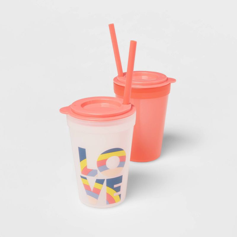 slide 4 of 4, 18pc Plastic Kids' Drinkware Set Peach/Melon - Pillowfort™: Stackable, Dishwasher & Microwave Safe Cups, 18 ct