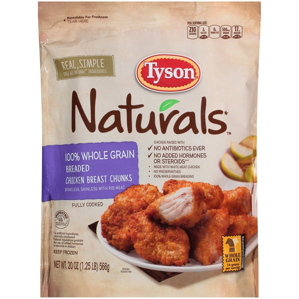 slide 2 of 4, Tyson Naturals 100% Whole Grain Breaded Chicken Breast Chunks, 20 oz