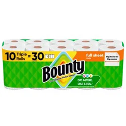 Bounty Full Sheet Paper Towels - 10 Triple Rolls - 2-Ply - 75 Sheets: No Fragrance Added, Dye-Free, Non-Toxic