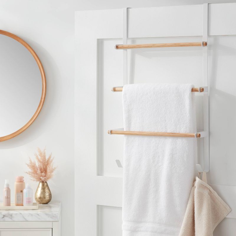 slide 2 of 3, Over the Door Tiered Towel Rack with Wood Matte White - Brightroom™: 24" High, Powder-Coated Steel & Wood Design, 1 ct