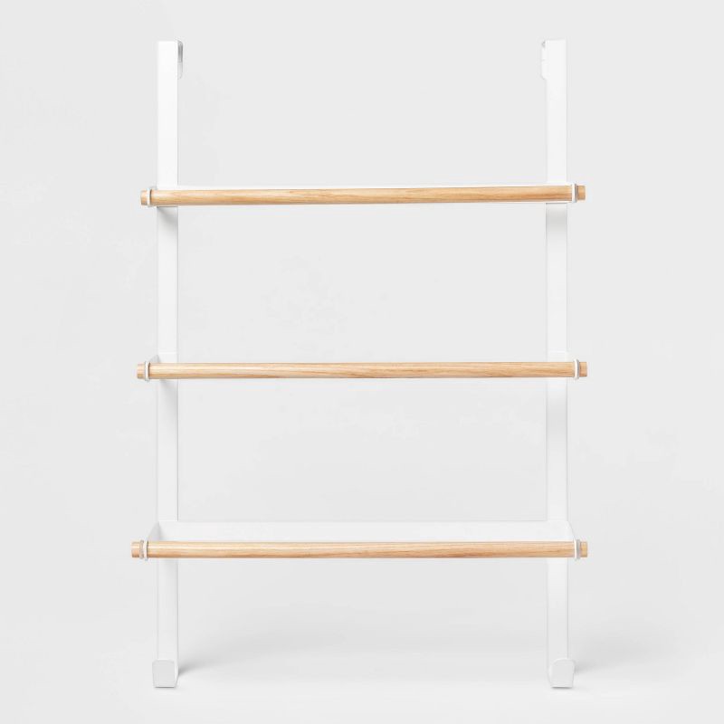 slide 1 of 3, Over the Door Tiered Towel Rack with Wood Matte White - Brightroom™: 24" High, Powder-Coated Steel & Wood Design, 1 ct