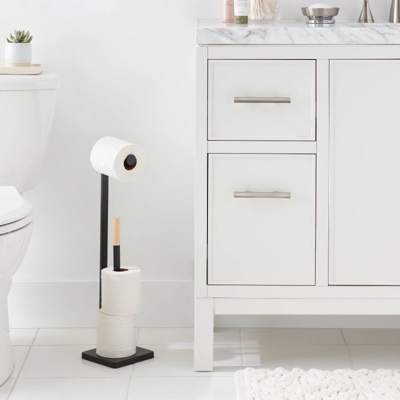 slide 2 of 4, Freestanding Toilet Paper Holder Matte Black - Brightroom™: Steel Construction, 22.99" Tall, Storage Solution, 1 ct