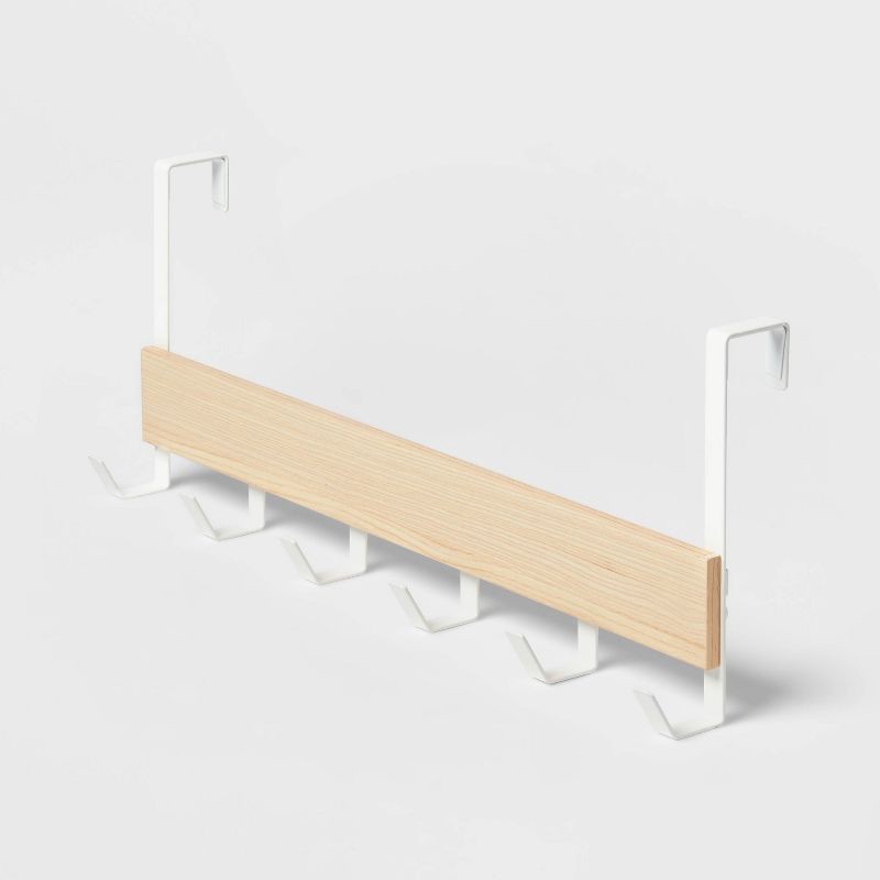 slide 3 of 3, Large Over the Door Hook with Wood 6 Hooks Matte White - Brightroom™: Steel Door Hanger Rack, No Assembly Required, 1 ct