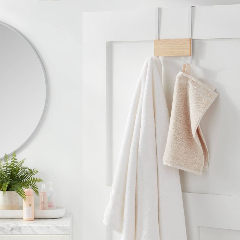 slide 2 of 3, Small over the Door Hook with Wood 2 Hooks Matte White - Brightroom™: Steel, No Assembly, Powder-Coated Finish, 1 ct