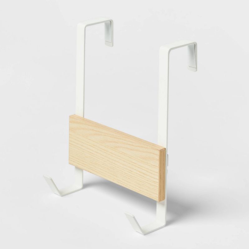 slide 3 of 3, Small over the Door Hook with Wood 2 Hooks Matte White - Brightroom™: Steel, No Assembly, Powder-Coated Finish, 1 ct