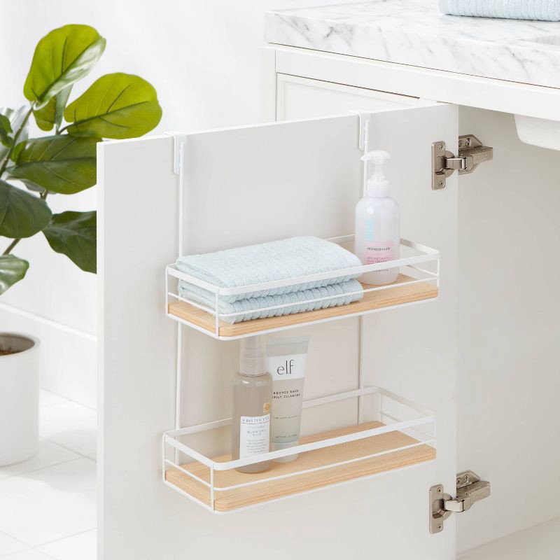 slide 2 of 3, Over the Cabinet Tiered Shelves with Wood Matte White - Brightroom™: Portable Organizer for Bathroom, Under Sink Area, 1 ct