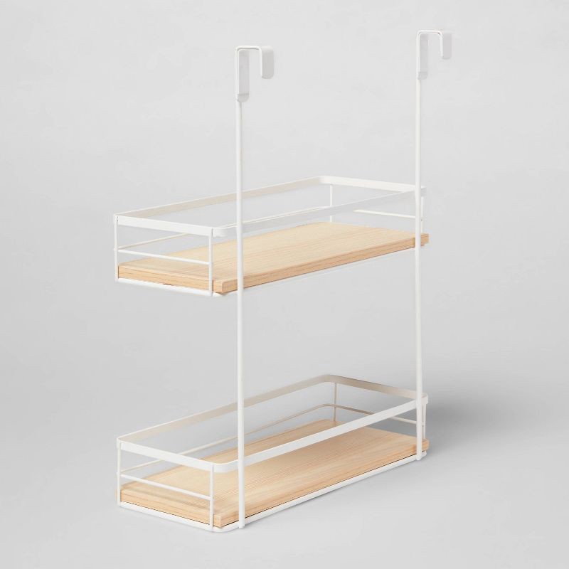 slide 3 of 3, Over the Cabinet Tiered Shelves with Wood Matte White - Brightroom™: Portable Organizer for Bathroom, Under Sink Area, 1 ct