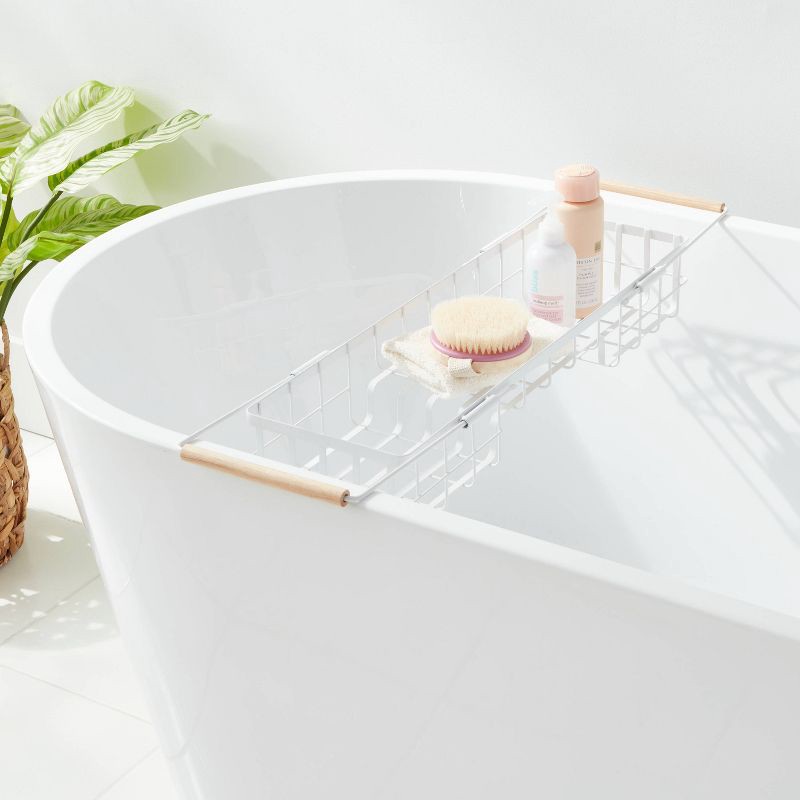slide 2 of 3, Metal Bathtub Caddy with Wood Handles Matte White - Brightroom™: Steel Shower Organizer, Rust-Resistant, 1 ct