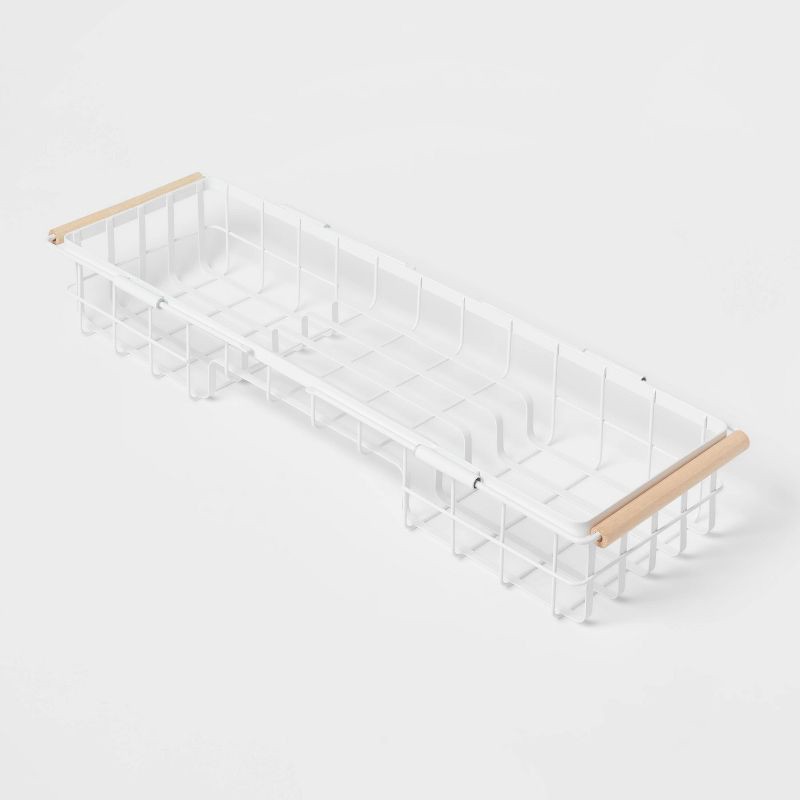 slide 3 of 3, Metal Bathtub Caddy with Wood Handles Matte White - Brightroom™: Steel Shower Organizer, Rust-Resistant, 1 ct