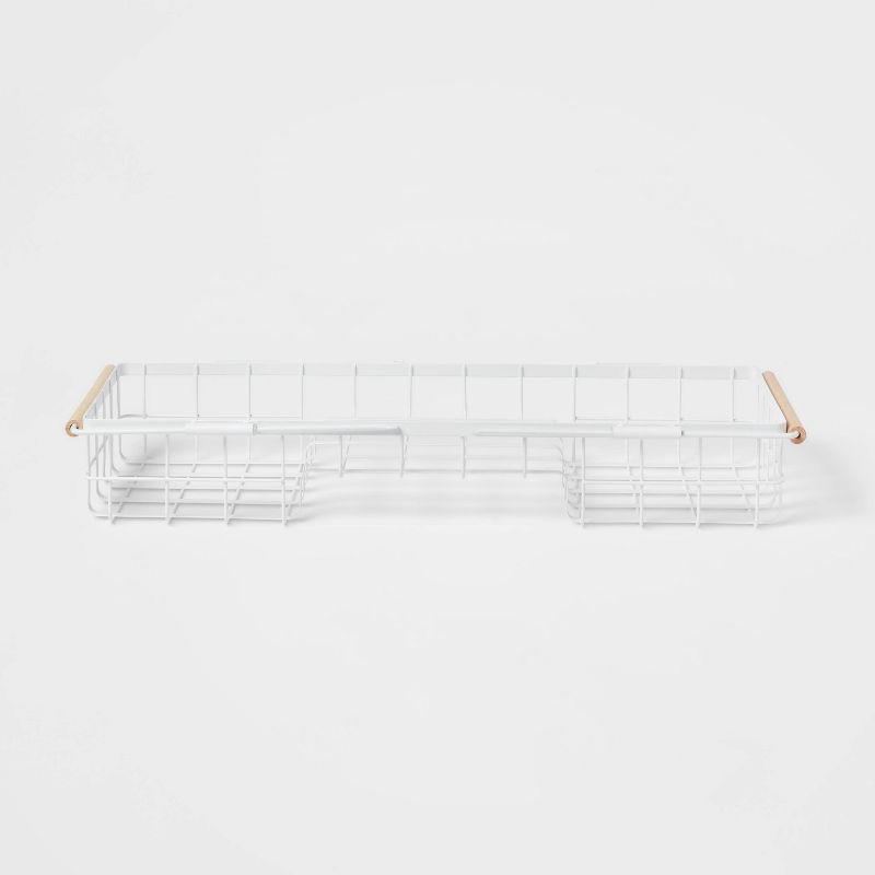 slide 1 of 3, Metal Bathtub Caddy with Wood Handles Matte White - Brightroom™: Steel Shower Organizer, Rust-Resistant, 1 ct